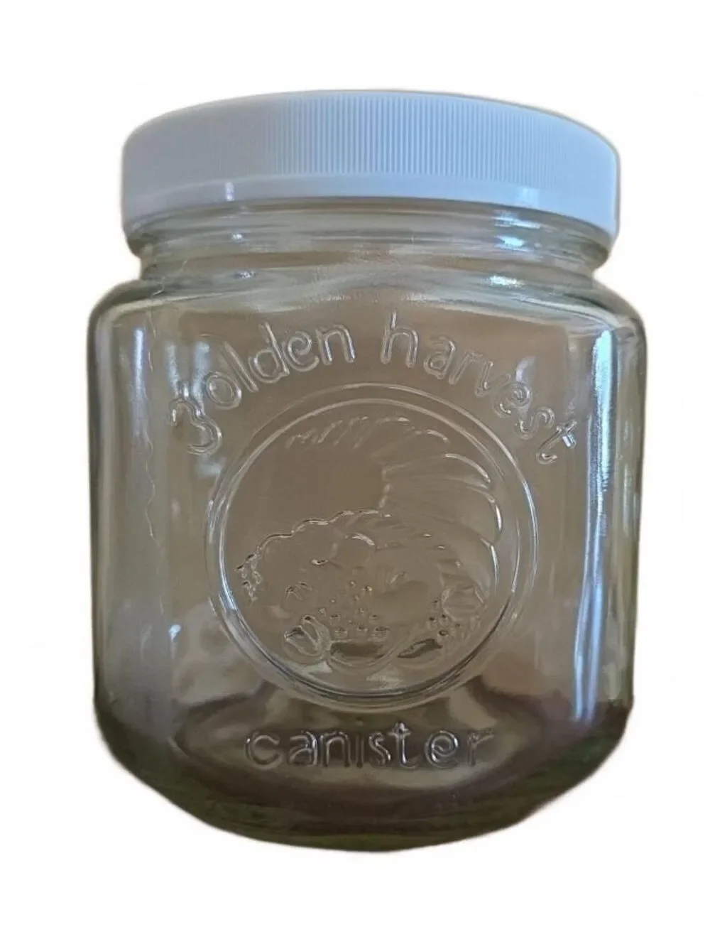 2 Vintage Golden Harvest Glass Canister Jars With White Lids